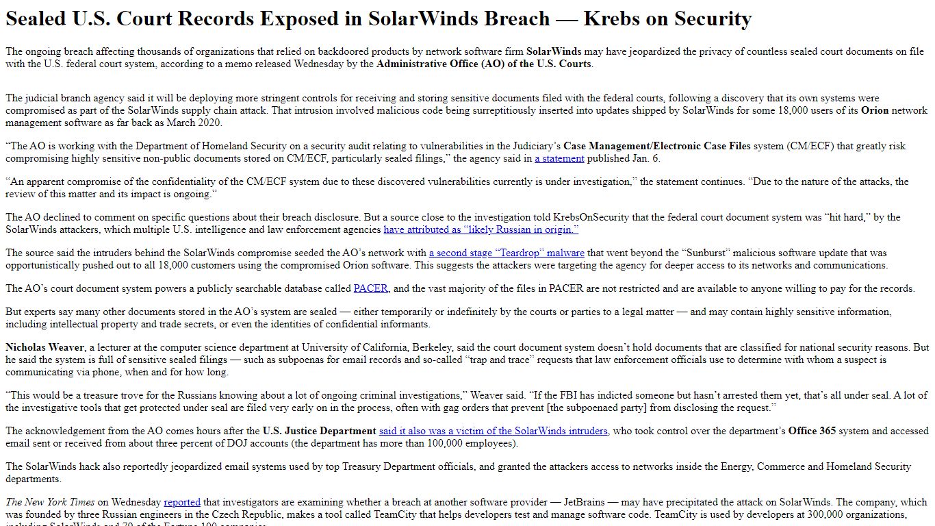 Sealed U.S. Court Records Exposed in SolarWinds Breach — Krebs on ...