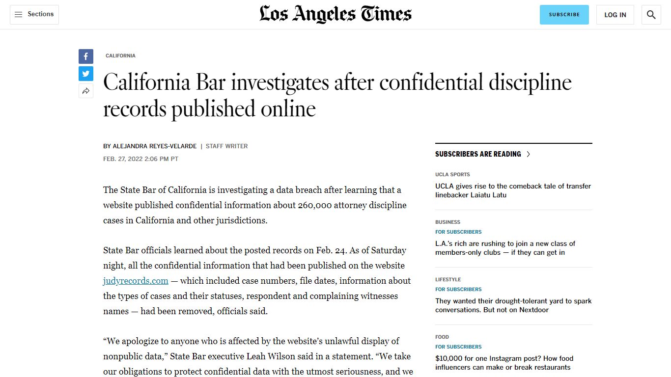 California Bar investigates after confidential records published - Los ...